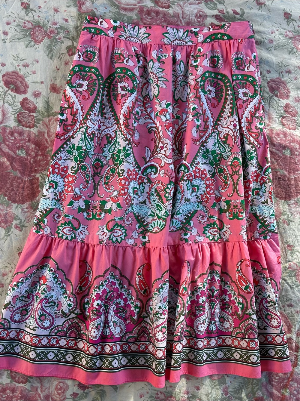 Talbots Tiered Pink Cotton Skirt w Lush Floral & Paisley Pattern